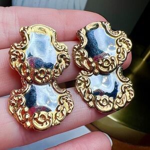 Vintage Gold & Silver Ornate Double Drop Stud Earrings Statement Glam